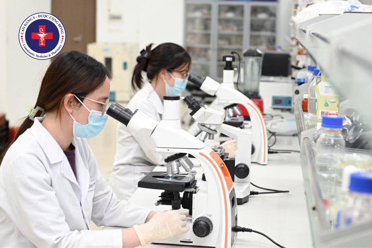 Nghiên cứu viên tập trung quan sát mẫu dưới kính hiển vi trong phòng thí nghiệm Công nghệ Sinh học.