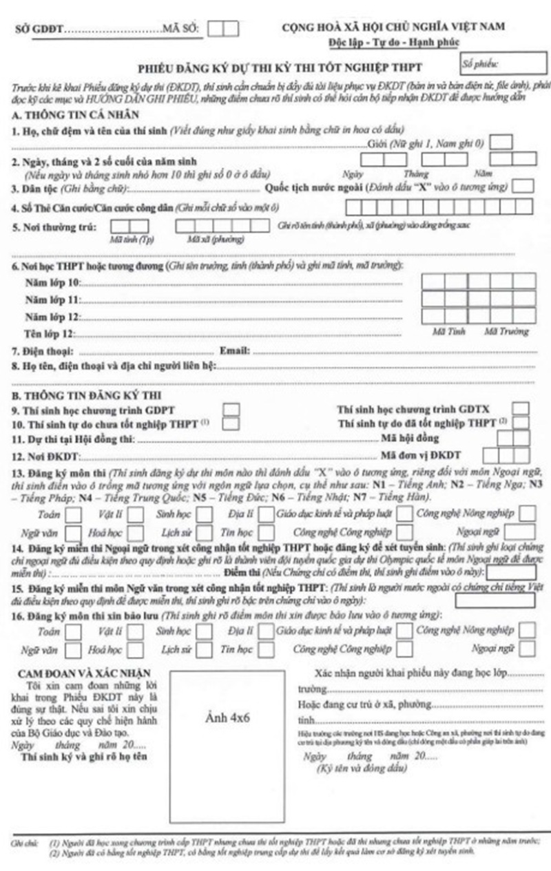 Hướng dẫn ghi phiếu đăng ký dự thi tốt nghiệp THPT 2026