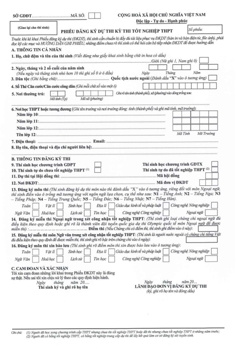 Mẫu phiếu đăng ký dự thi kỳ thi tốt nghiệp trung học phổ thông giao lại cho thí sinh